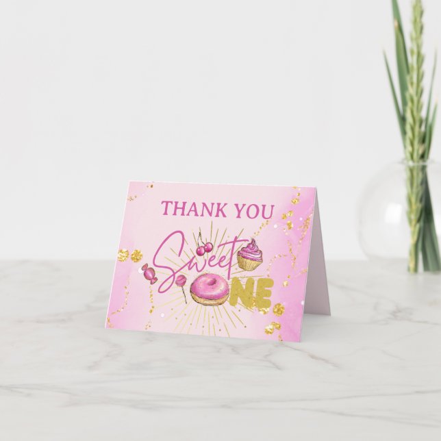 Cute Sweet One Desserts Rosa Faux Guld Glitter Tack Kort (Framsida)