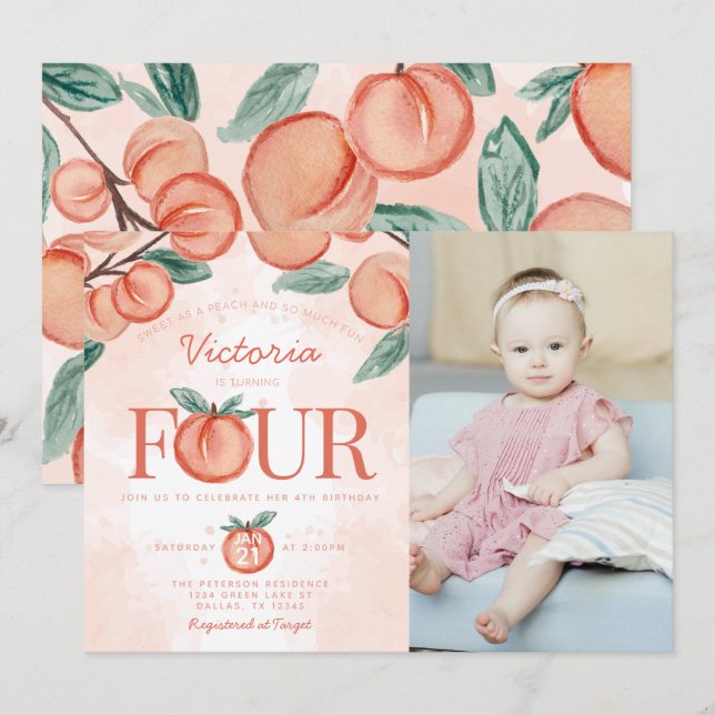 Cute Sweet Peach-sväng FYUR 4e födelsedagen Party Inbjudningar (Fram/baksida)