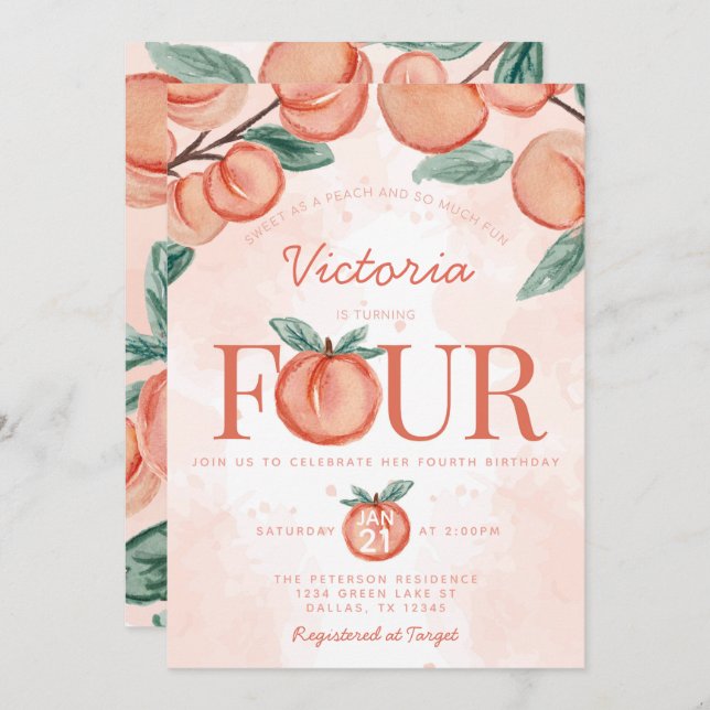Cute Sweet Peach-sväng FYUR 4e födelsedagen Party Inbjudningar (Fram/baksida)