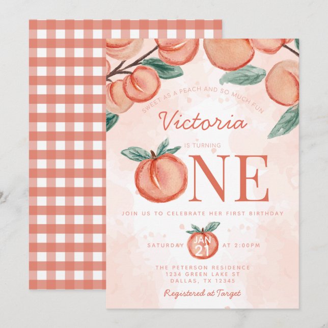 Cute Sweet Peach svänger 1:a födelsedagen Party Inbjudningar (Fram/baksida)