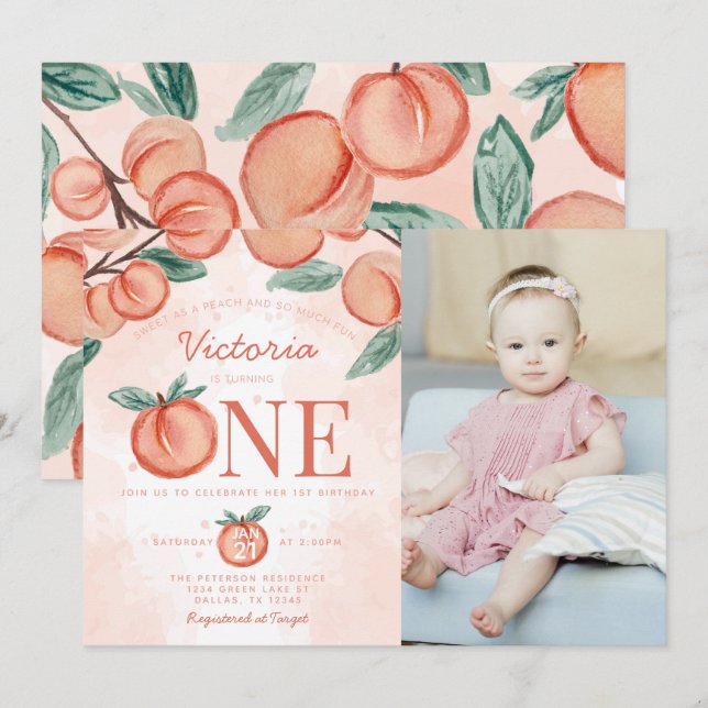 Cute Sweet Peach svänger 1:a födelsedagen Party Inbjudningar (Fram/baksida)