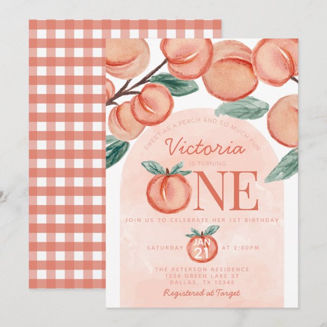 Cute Sweet Peach svänger 1:a födelsedagen Party Inbjudningar (Fram/baksida)