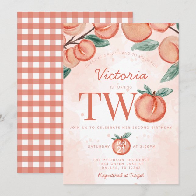 Cute Sweet Peach svänger två andra Födelsedagsfest Inbjudningar (Fram/baksida)