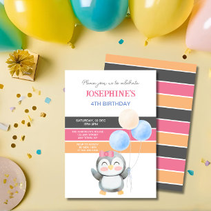 Cute Sweet Penguin Balloon Girl Birthday Inbjudningar