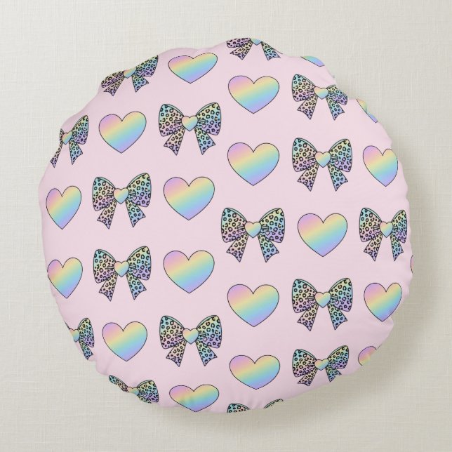  cute sweet rainbow hearts pastel gradient pattern rund kudde (Baksidan)