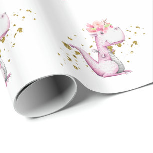 *~* Cute Sweet Rosa Blommigt Toothy Dragon Dinosau Presentpapper