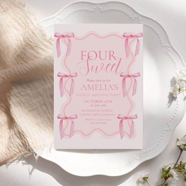Cute Sweet Rosa Bow 4e födelsedagen Party Inbjudningar (Skapare uppladdad)