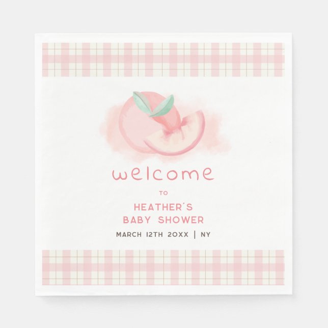 Cute Sweet Rosa Gingham Peach Baby Shower Välkomme Pappersservett (Framsidan)