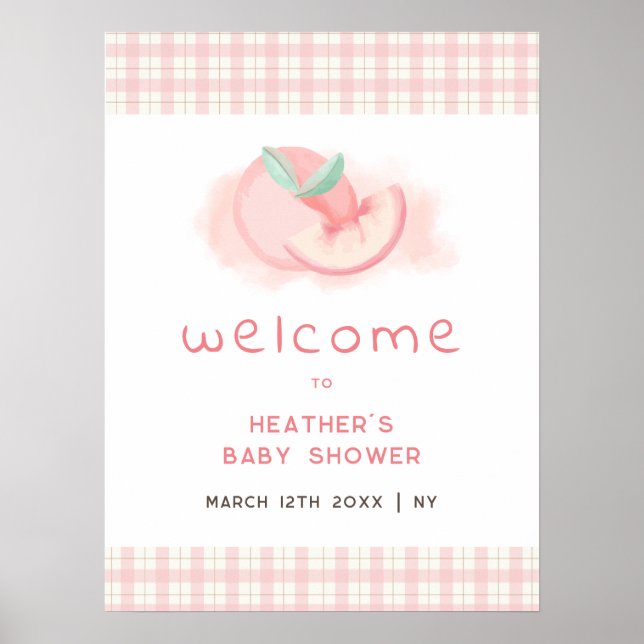 Cute Sweet Rosa Gingham Peach Baby Shower Välkomme Poster (Framsidan)