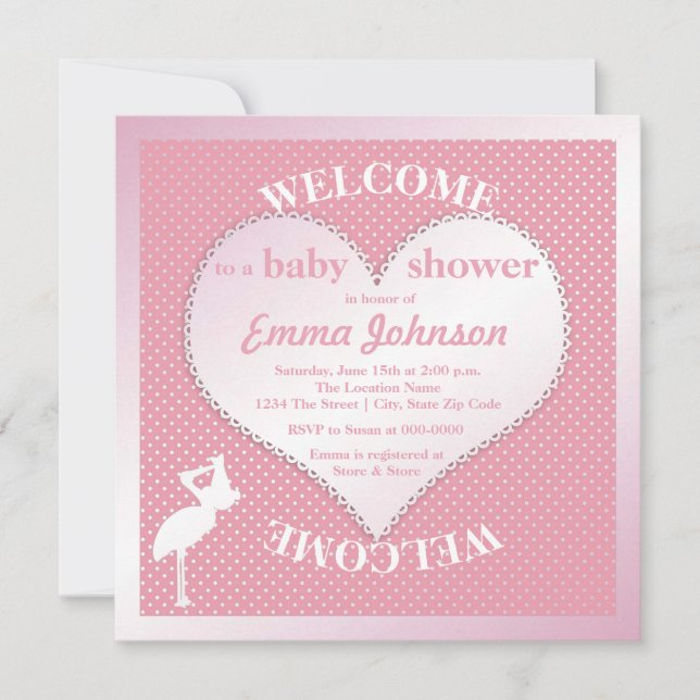 Cute Sweet Rosa Stork Heart Flicka Shower Inbjudningar (Framsida)