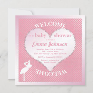 Cute Sweet Rosa Stork Heart Flicka Shower Inbjudningar