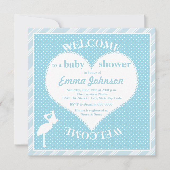 Cute Sweet Stork Heart Pojke Shower Inbjudningar (Framsida)