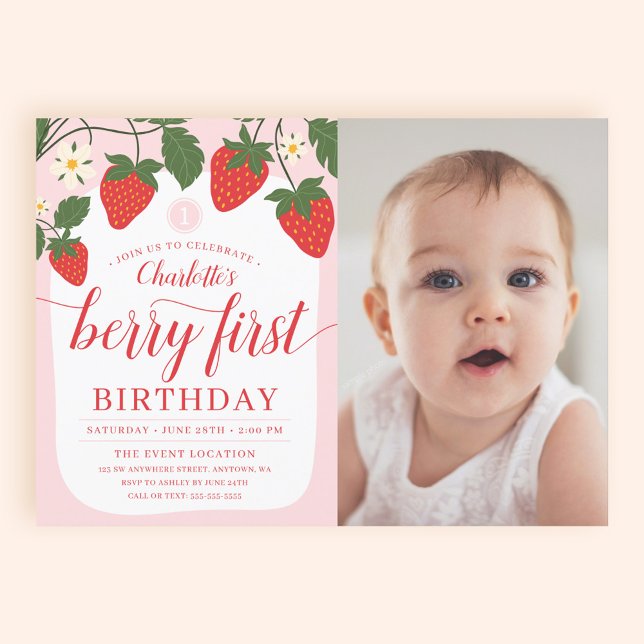 Cute Sweet Strawberry 1:a födelsedagsfoto Inbjudningar (Skapare uppladdad)