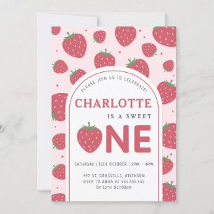 Cute Sweet Strawberry 1st Birthday Party Rosa Inbjudningar