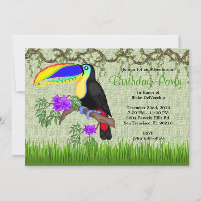 CUTE Sweet Tucan Bird Vines Jungle Birthday Inbjudningar (Framsida)