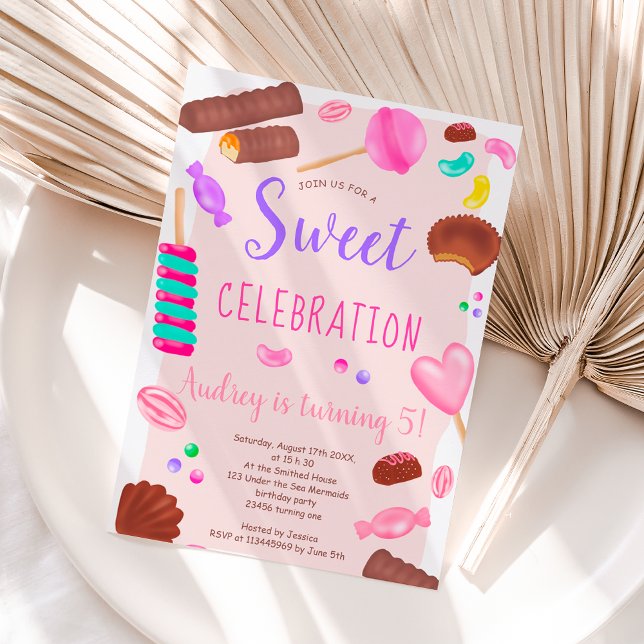 Cute sweets candy illustration Femte födelsedagsfe Inbjudningar (Skapare uppladdad)