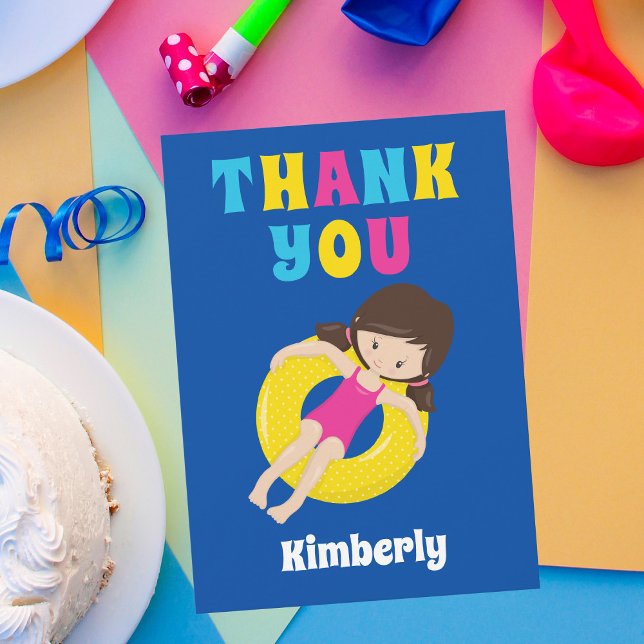 Cute Swimming Bassäng Födelsedagsfest Girl Anpassn Tack Kort (Skapare uppladdad)