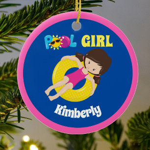 Cute Swimming Bassäng Girl Anpassningsbar Rosa Bl Julgransprydnad Keramik
