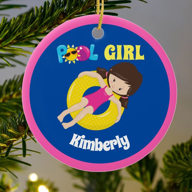 Cute Swimming Bassäng Girl Anpassningsbar Rosa Blu Julgransprydnad Keramik (Skapare uppladdad)