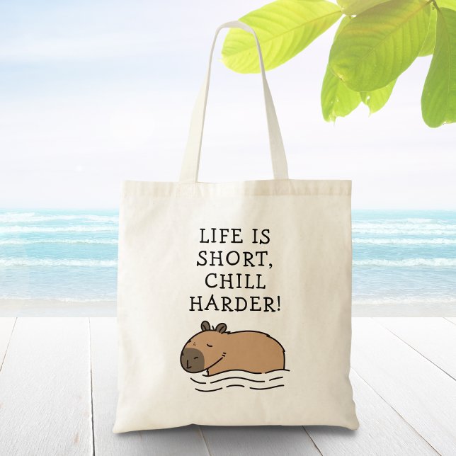 Cute Swimming Capybara Funny Quote Personlig Tygkasse (Life is short, chill harder!)