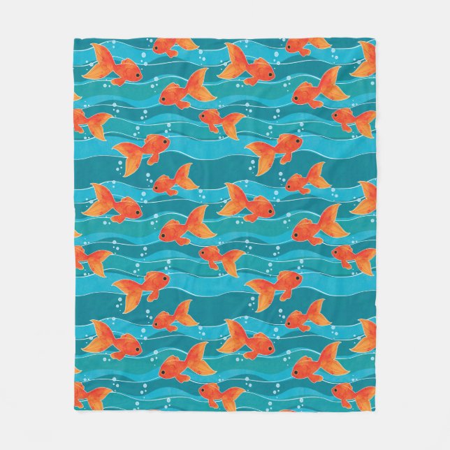 Cute Swimming Goldfish & Vatten Mönster Fleecefilt (Framsidan)
