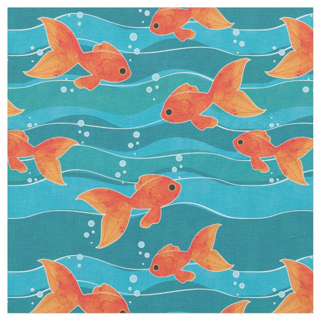 Cute Swimming Goldfish & Vatten Mönster Tyg (Närbild)