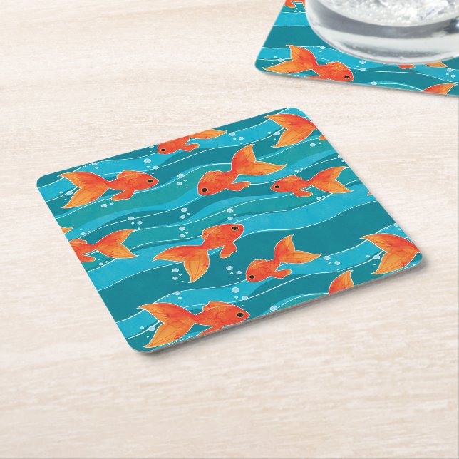Cute Swimming Goldfish & Vatten Mönster Underlägg Papper Kvadrat (Vinklad)