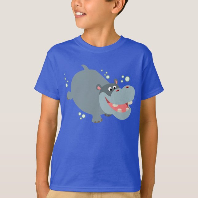 Cute Swimming Tecknad Hippo Children T-Shirt (Framsida)