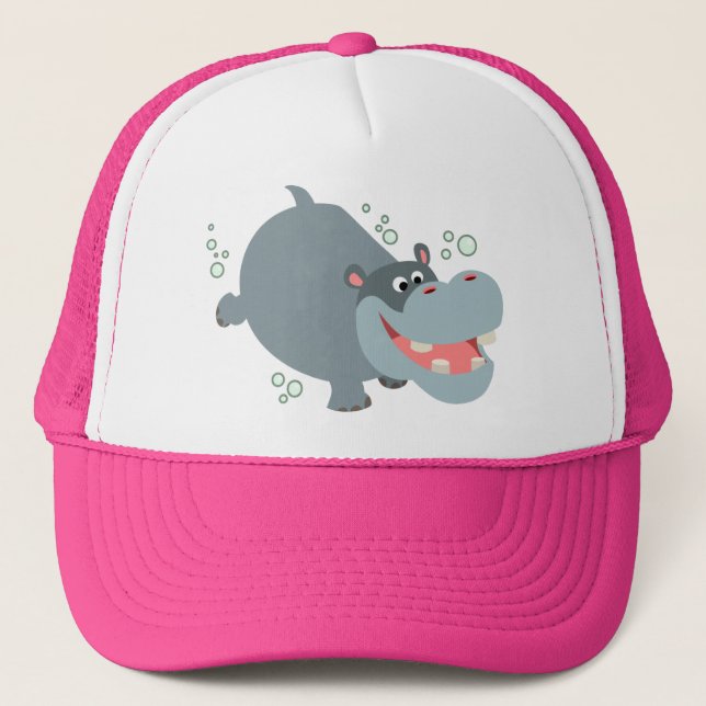 Cute Swimming Tecknad Hippo Hat Truckerkeps (Framsida)