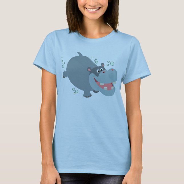 Cute Swimming Tecknad Hippo T-Shirt (Framsida)