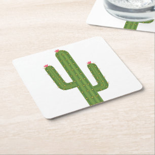 Cute sydvästra Bröllop Rosa Flower Grönt Cactus Underlägg Papper Kvadrat