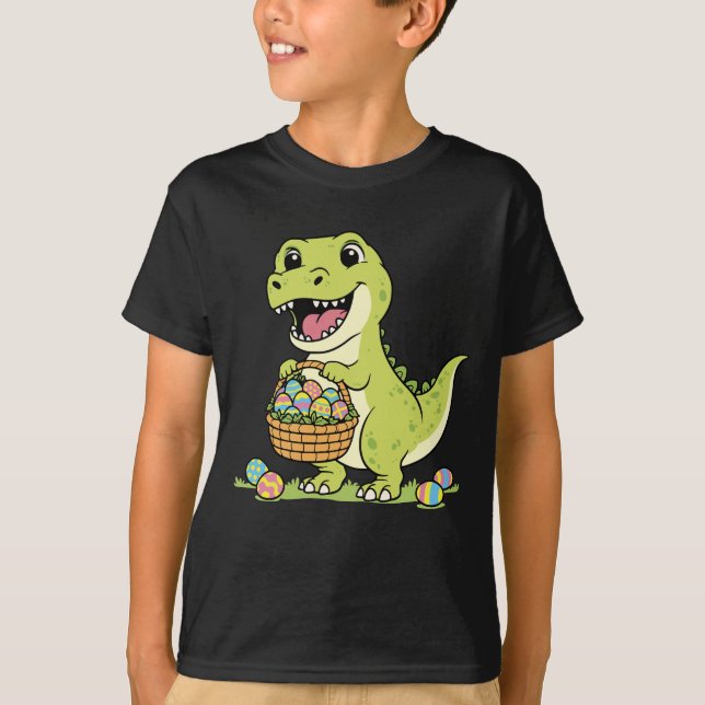 Cute T-Rex Dinosaur Easter Egg Basket Kids T-Shirt (Framsida)