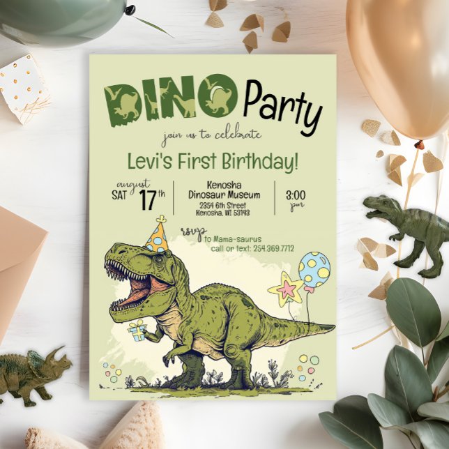 Cute T-Rex Dinosaur, första födelsedagen Dino Part Inbjudningar (Cute Cartoon T-Rex Dinosaur wearing birthday hat, First Birthday Dino Party invitation, one-a-saurus)