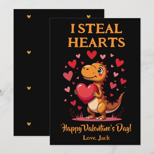 Cute T-Rex Dinosaur Valentine Day I Steal Hearts Julkort (Fram/baksida)