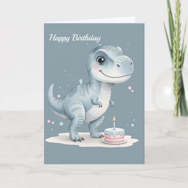 Cute T-Rex Dinosaur with Cake - Kids Birthday  Kort (Framsida)