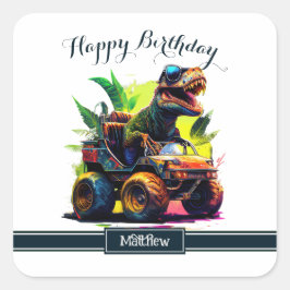 Cute T-Rex Riding Monster Lastbil Dinosaur Birthda Fyrkantigt Klistermärke