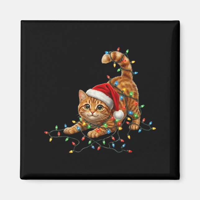 Cute Tabby Cat Christmas Funny Lights Xmas Cat In  Magnet (Framsidan)