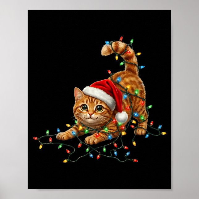 Cute Tabby Cat Christmas Funny Lights Xmas Cat In  Poster (Framsidan)