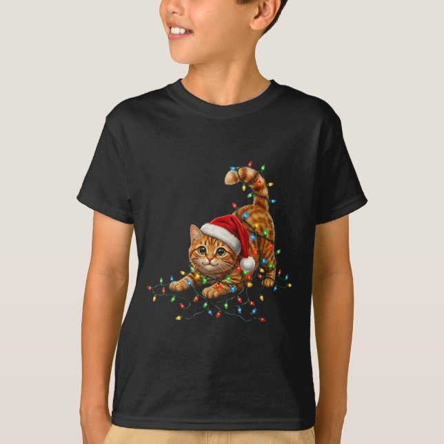 Cute Tabby Cat Christmas Funny Lights Xmas Cat In  T Shirt (Framsida)