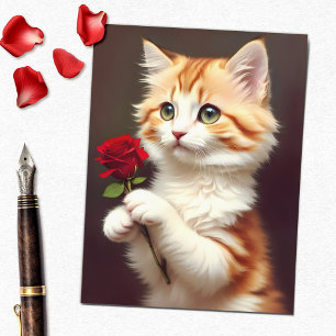 Cute Tabby Ginger Cat Holding a Röd ros Vykort