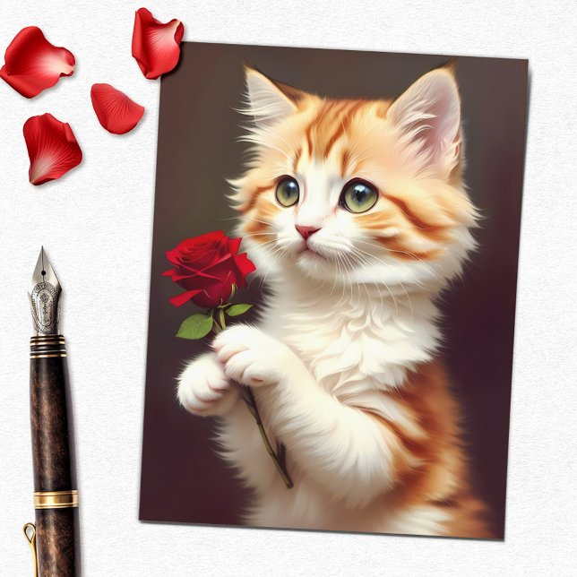 Cute Tabby Ginger Cat Holding a Röd ros Vykort (Skapare uppladdad)