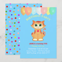 Cute Tabby katt, ballonger och konfetti-födelsedag
