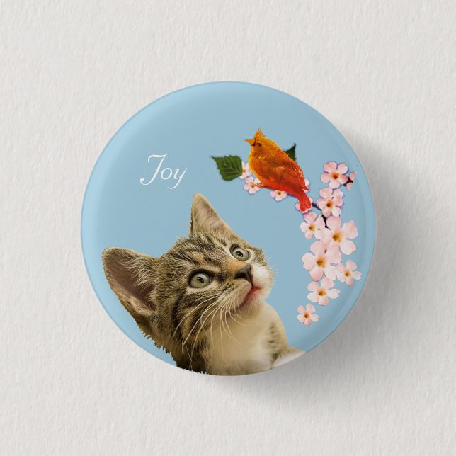 Cute Tabby katt, Flowers och Red Little Bird Knapp (Framsida)