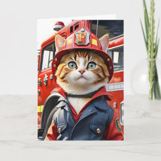 Cute Tabby katt i Firefighter Uniform Watercolor Kort