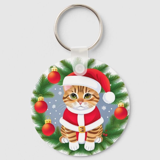 Cute Tabby katt i Santa Outfit Nyckelring (Framsida)