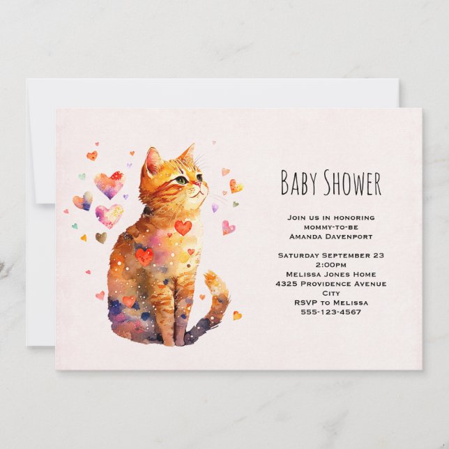 Cute Tabby katt med Hearts Baby Shower Inbjudningar (Framsida)