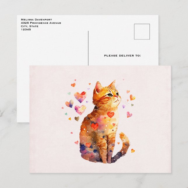 Cute Tabby katt med Hearts Vykort (Fram/baksida)