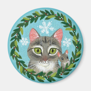 Cute tabby katt, mus, julvintern snö magnet