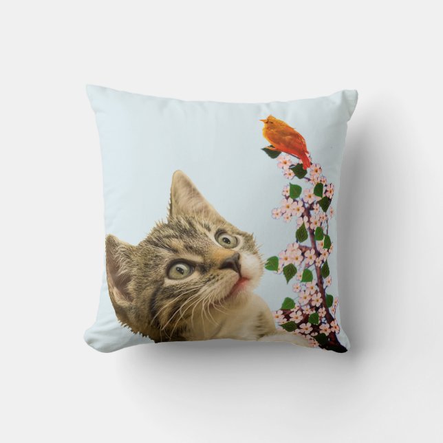 Cute Tabby katt och Little Bird on Light Blue Kudde (Framsida)