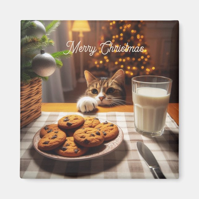 Cute Tabby katt Reaching for Cookies God jul Magnet (Framsidan)